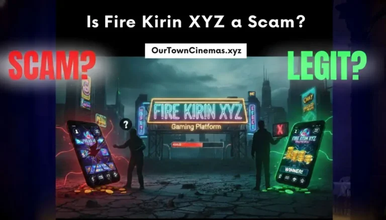 Image showing 'Is Fire Kirin XYZ a Scam?' with options 'SCAM?' and 'LEGIT?', featuring a futuristic city background and mobile gaming screens, alongside the text 'OurTownCinemas.xyz'.