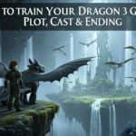 Hiccup and Toothless stand in a vibrant, crystalline landscape with waterfalls and floating islands, under the title "HOW TO TRAIN YOUR DRAGON 3 GUIDE: PLOT, CAST & ENDING."