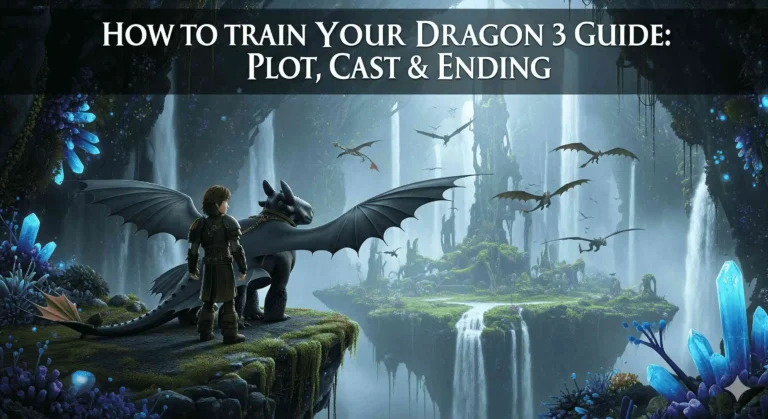 Hiccup and Toothless stand in a vibrant, crystalline landscape with waterfalls and floating islands, under the title "HOW TO TRAIN YOUR DRAGON 3 GUIDE: PLOT, CAST & ENDING."