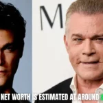 Side-by-side before-and-after photos of actor Ray Liotta. Left: a young Ray Liotta with dark hair and clear skin from his earlier career. Right: an older Ray Liotta with gray hair, visible facial aging, and sagging skin. Overlay text in bold green and white at the bottom reads: "RAY LIOTTA NET WORTH IS ESTIMATED AT AROUND $14 MILLION".