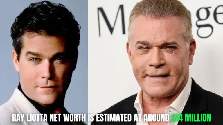 Side-by-side before-and-after photos of actor Ray Liotta. Left: a young Ray Liotta with dark hair and clear skin from his earlier career. Right: an older Ray Liotta with gray hair, visible facial aging, and sagging skin. Overlay text in bold green and white at the bottom reads: "RAY LIOTTA NET WORTH IS ESTIMATED AT AROUND $14 MILLION".