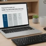 A high-resolution laptop displays the "Paybiotel Promptd com" on a wooden desk.