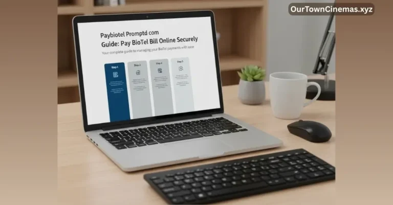 A high-resolution laptop displays the "Paybiotel Promptd com" on a wooden desk.