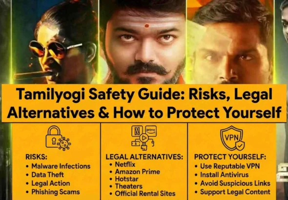 A comprehensive infographic banner with a yellow background, titled "Tamilyogi Safety Guide: Risks, Legal Alternatives & How to Protect Yourself". Below the title are three columns: the first column, under a padlock and virus icon, lists "RISKS: Malware Infections, Data Theft, Legal Action, Phishing Scams"; the second, under a play icon with streaming logos, lists "LEGAL ALTERNATIVES: Netflix, Amazon Prime, Hotstar, Theaters, Official Rental Sites"; and the third, under a VPN and shield icon, lists "PROTECT YOURSELF: Use Reputable VPN, Install Antivirus, Avoid Suspicious Links, Support Legal Content". This guide overlays the five Tamil movie posters from the original image, which are still visible in the background.