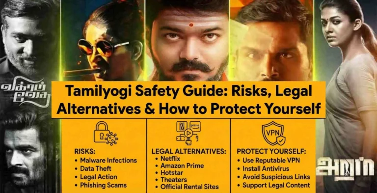 A comprehensive infographic banner with a yellow background, titled "Tamilyogi Safety Guide: Risks, Legal Alternatives & How to Protect Yourself". Below the title are three columns: the first column, under a padlock and virus icon, lists "RISKS: Malware Infections, Data Theft, Legal Action, Phishing Scams"; the second, under a play icon with streaming logos, lists "LEGAL ALTERNATIVES: Netflix, Amazon Prime, Hotstar, Theaters, Official Rental Sites"; and the third, under a VPN and shield icon, lists "PROTECT YOURSELF: Use Reputable VPN, Install Antivirus, Avoid Suspicious Links, Support Legal Content". This guide overlays the five Tamil movie posters from the original image, which are still visible in the background.