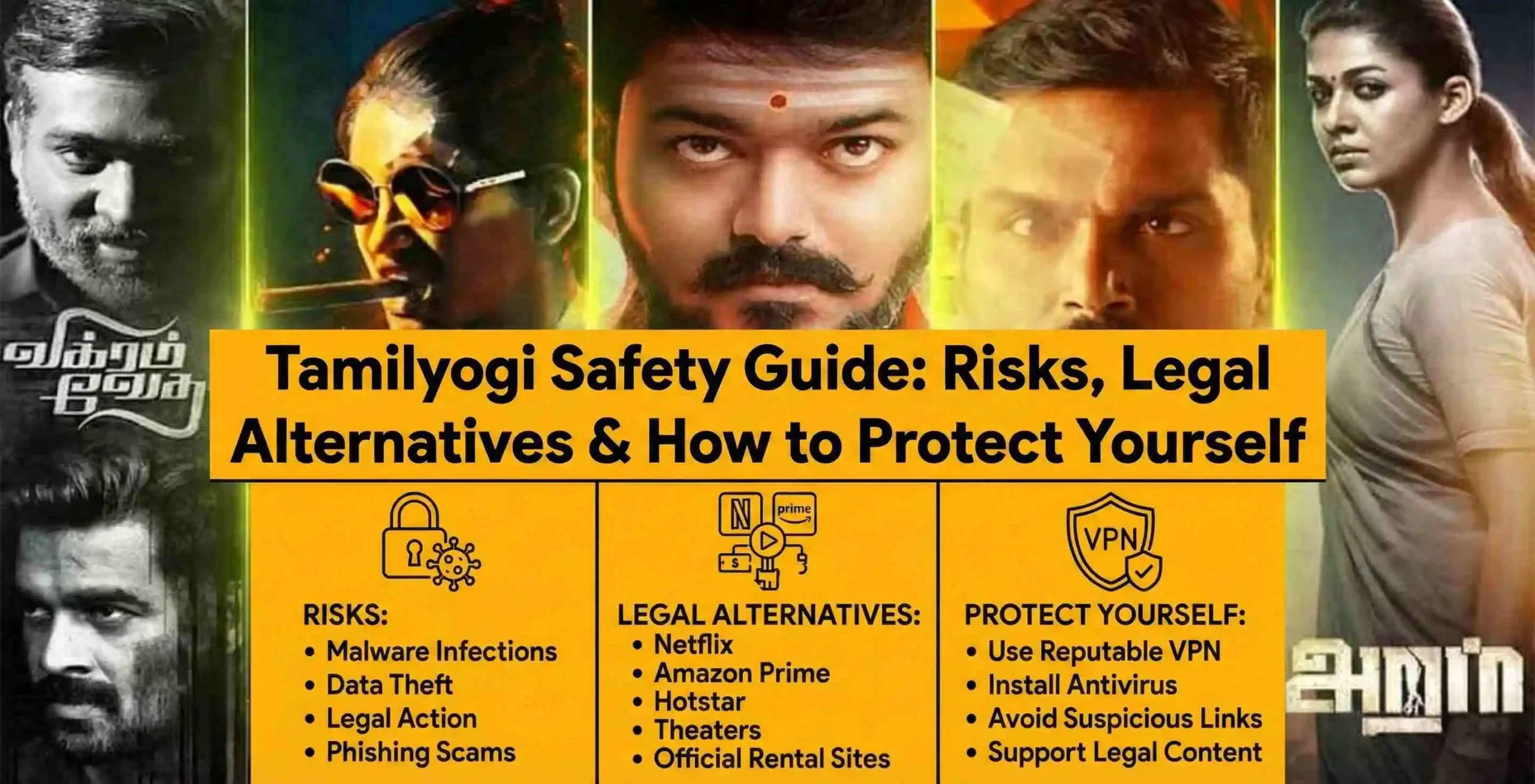 A comprehensive infographic banner with a yellow background, titled "Tamilyogi Safety Guide: Risks, Legal Alternatives & How to Protect Yourself". Below the title are three columns: the first column, under a padlock and virus icon, lists "RISKS: Malware Infections, Data Theft, Legal Action, Phishing Scams"; the second, under a play icon with streaming logos, lists "LEGAL ALTERNATIVES: Netflix, Amazon Prime, Hotstar, Theaters, Official Rental Sites"; and the third, under a VPN and shield icon, lists "PROTECT YOURSELF: Use Reputable VPN, Install Antivirus, Avoid Suspicious Links, Support Legal Content". This guide overlays the five Tamil movie posters from the original image, which are still visible in the background.